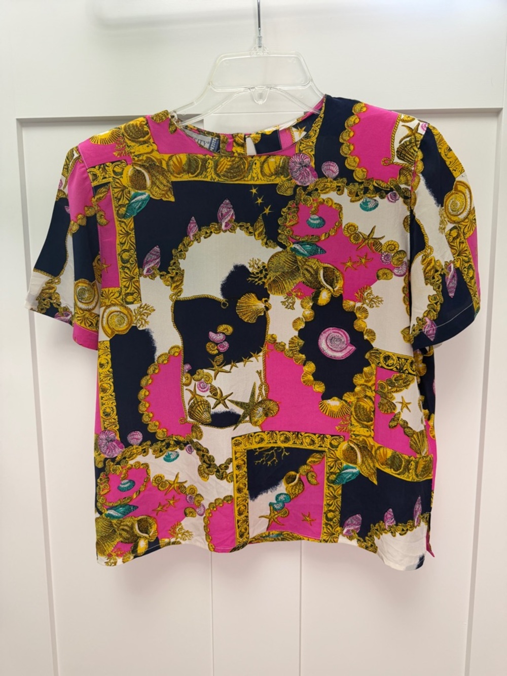 Diversity 100% silk Vibrant Pink & Navy Baroque Print Blouse